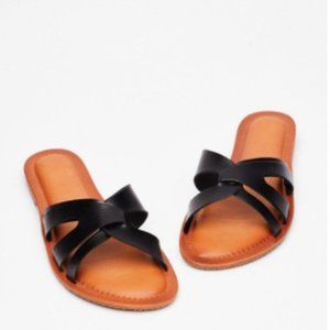 Black Faux Leather Crossover Strap Flat Sandals